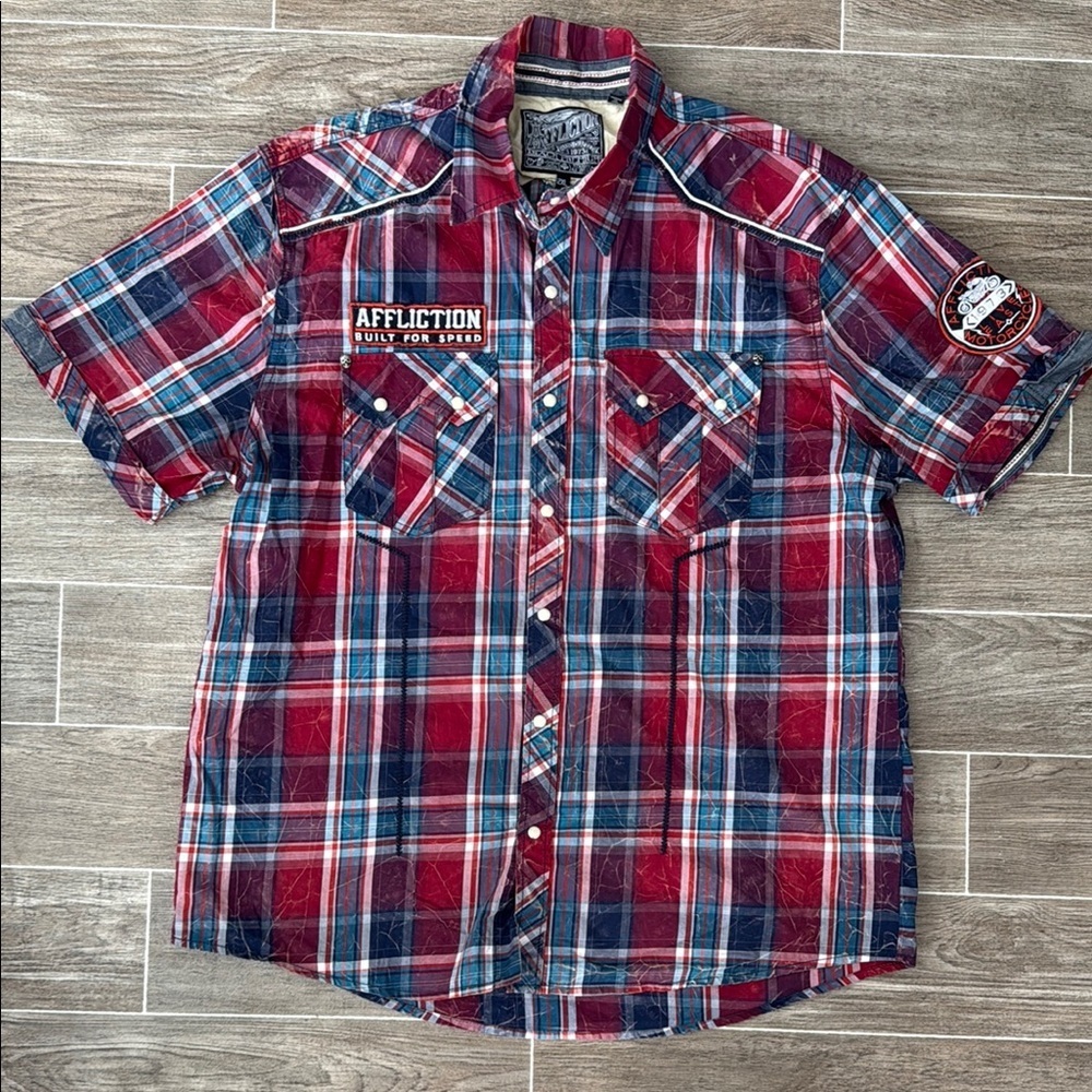 Affliction Button Up Men's Red Plaid Shirt